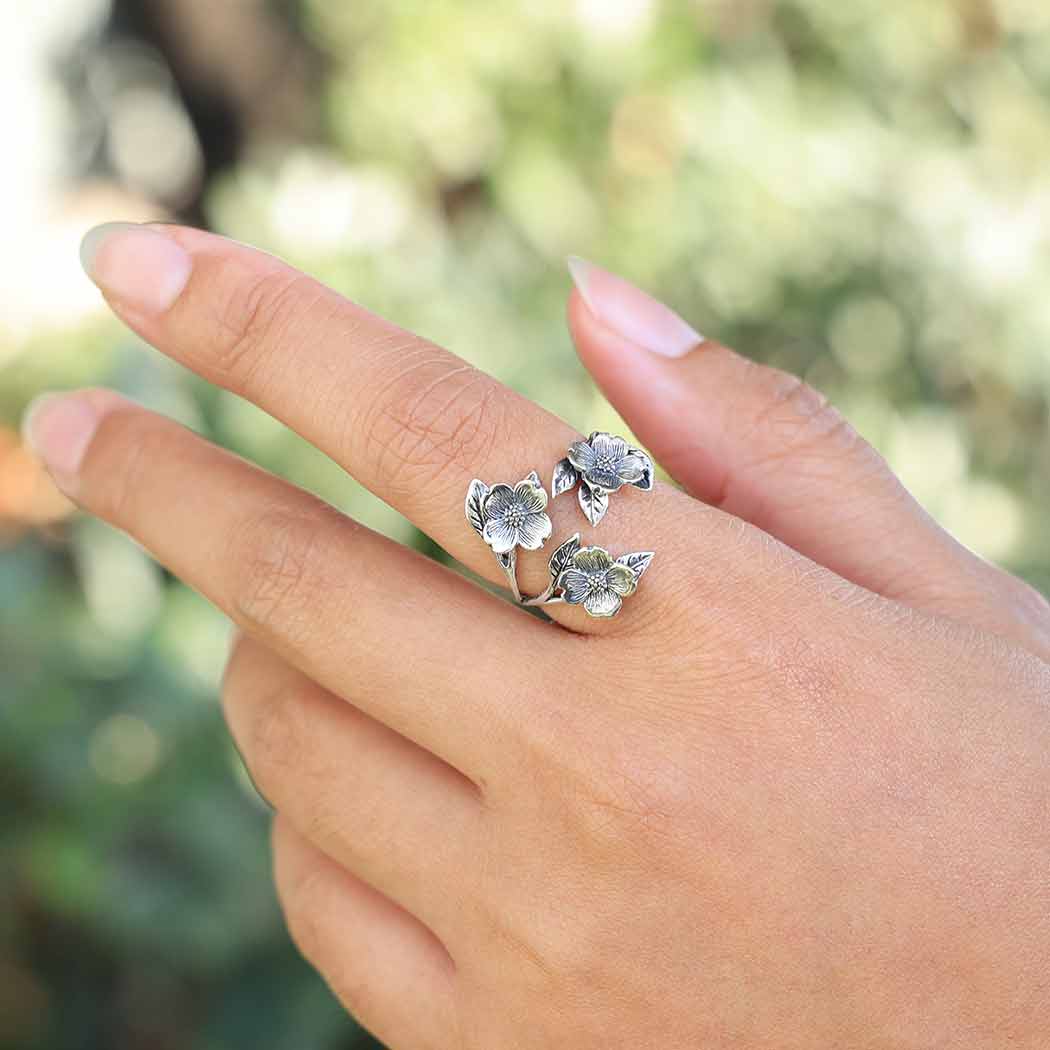 Adjustable Dogwood Flower and Leaf Ring: Sterling Silver