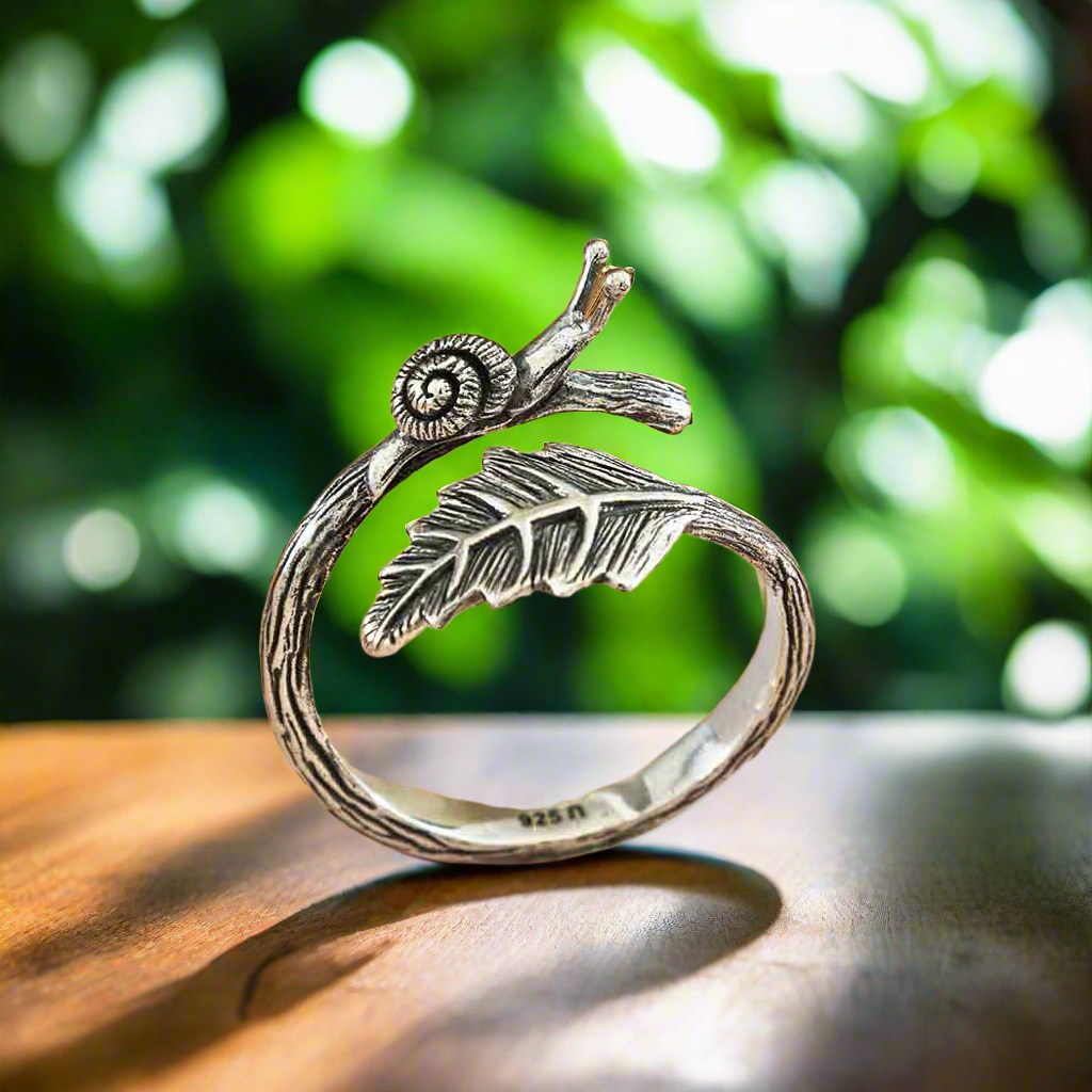 Sterling Silver Adjustable Snail and Leaf Ring