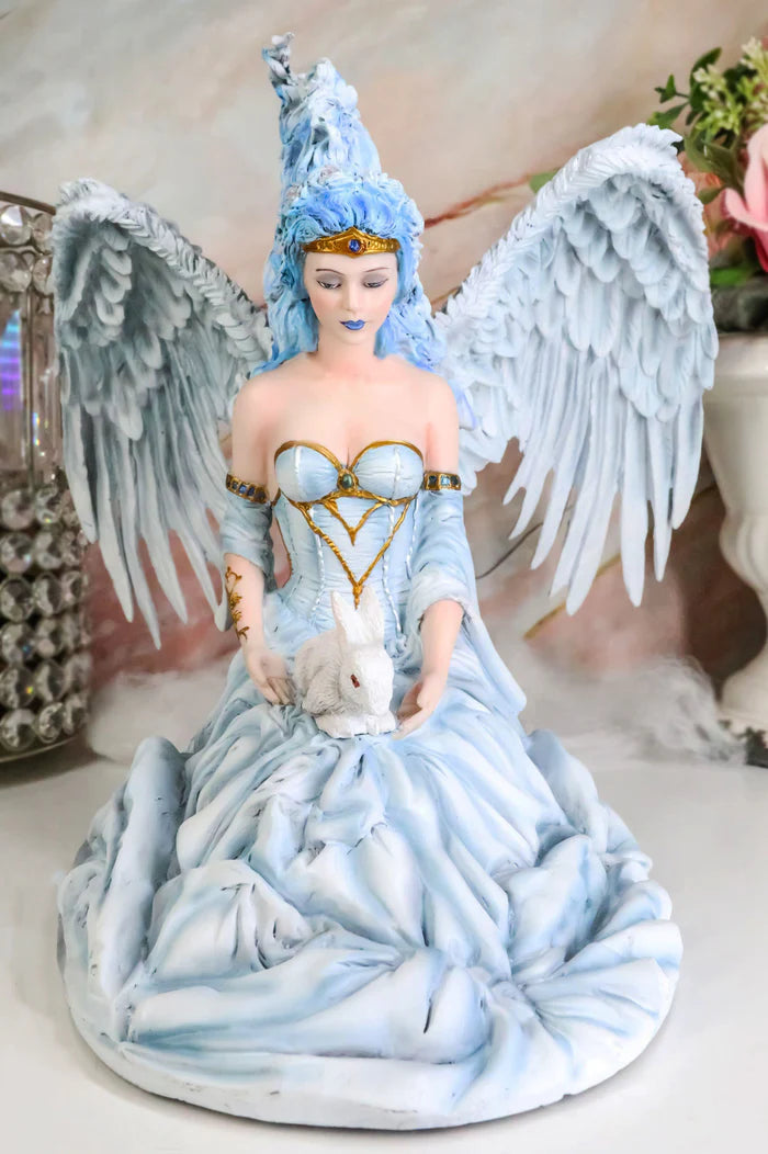 Spirit of Winter Angel Statue with Rabbit - Cold Cast Polyresin Sculpture