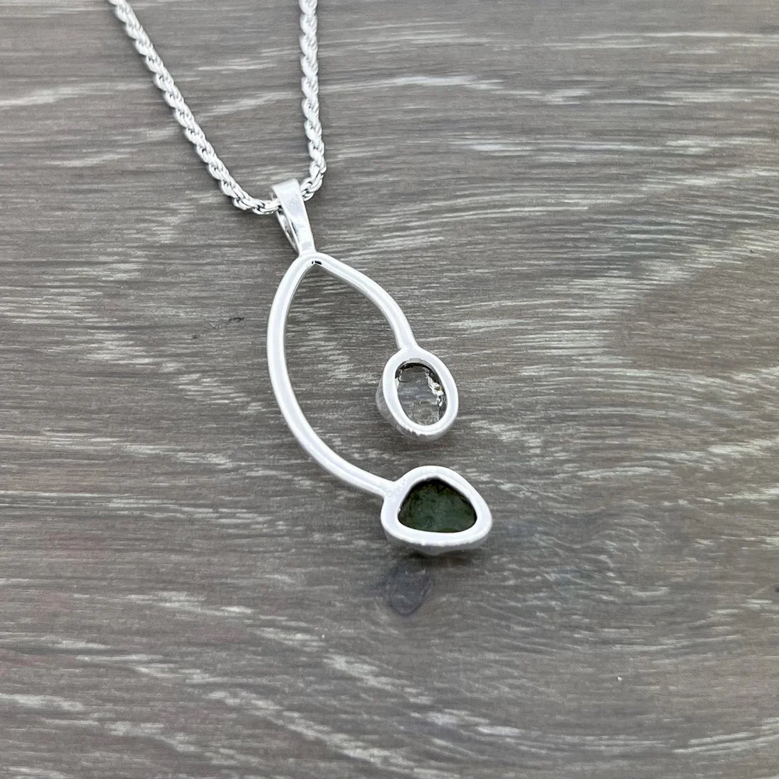 Moldavite with Herkimer Diamond Sterling Silver Pendant