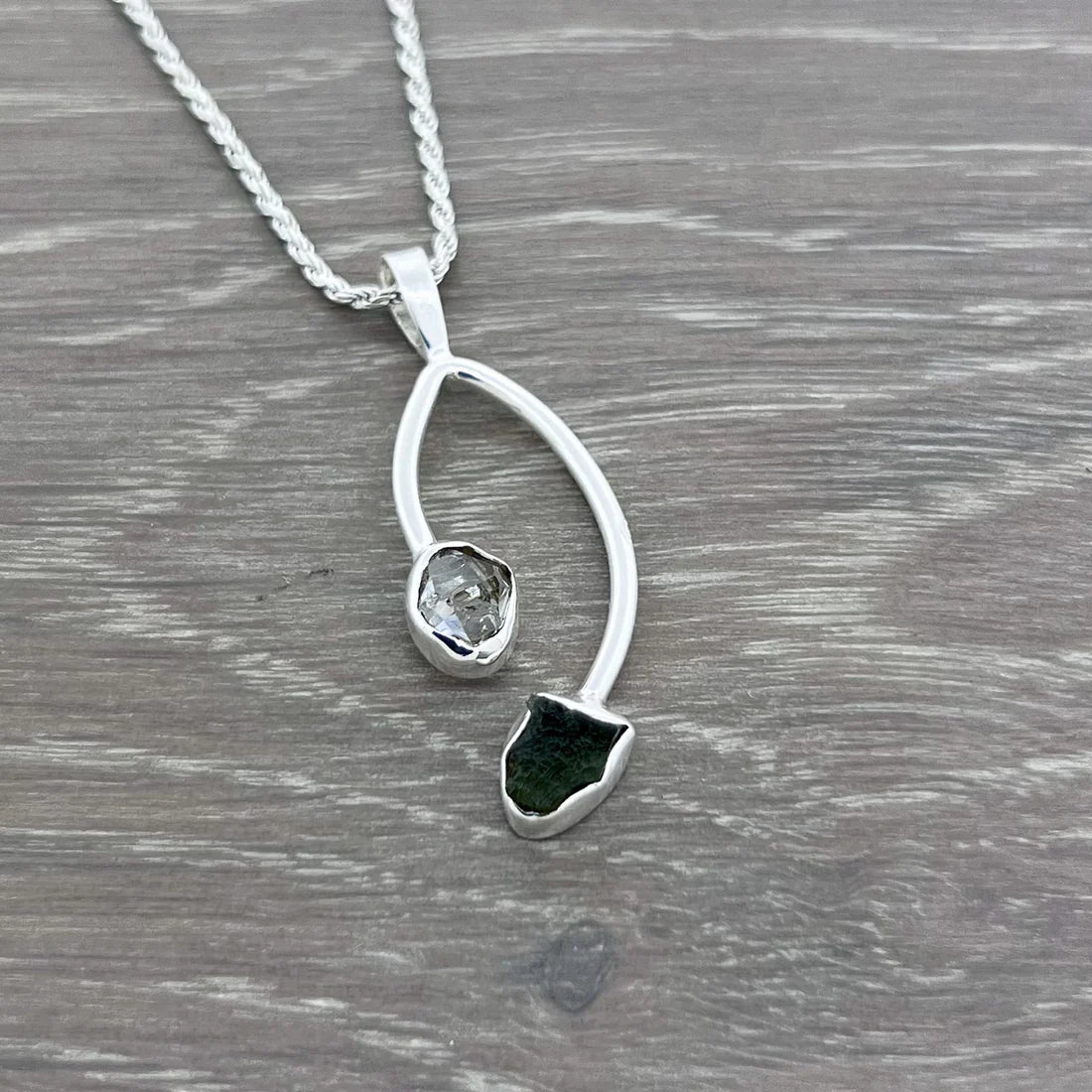 Moldavite with Herkimer Diamond Sterling Silver Pendant