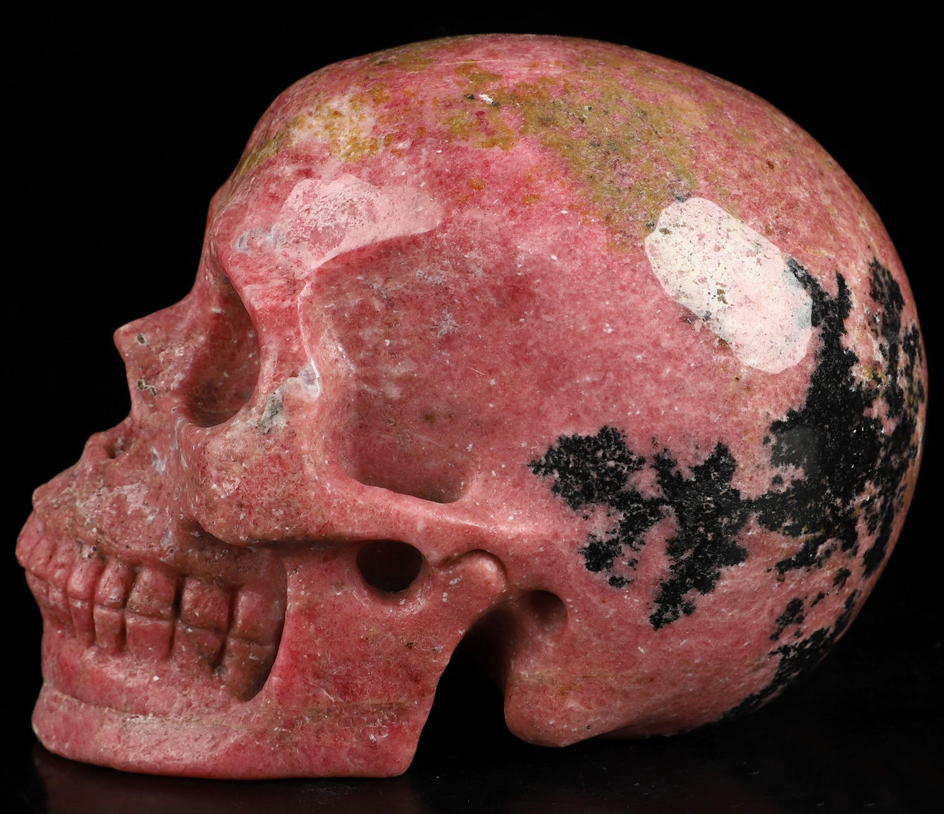 Pink & Black Rhodonite Natural Crystal Skull Large 5.0"