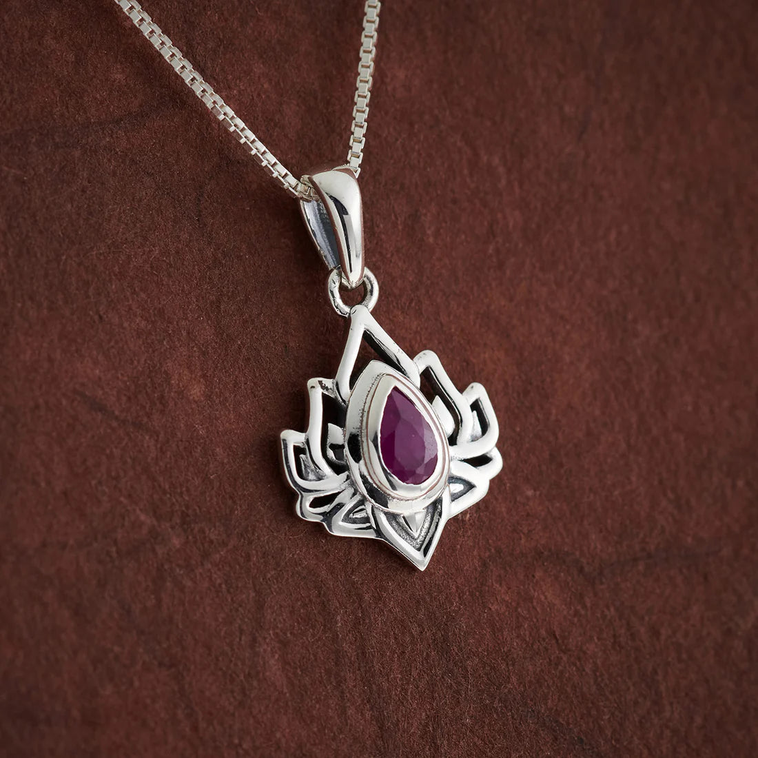 Ruby Sterling Silver Lotus Flower Pendant