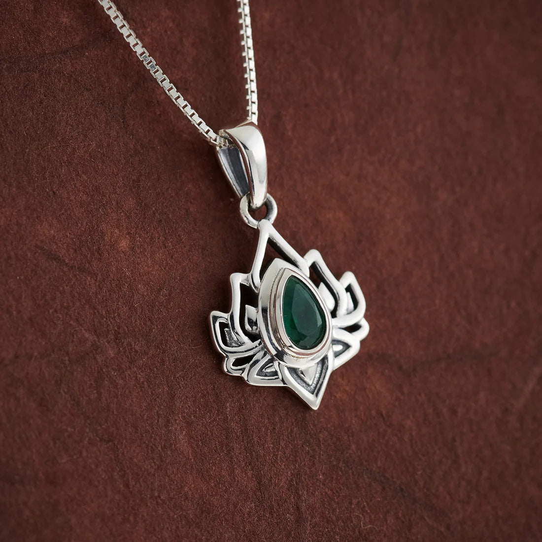 Emerald Sterling Silver Lotus Flower Pendant