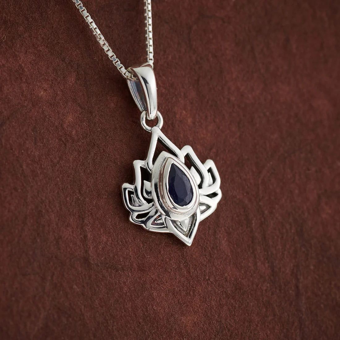 Sapphire Sterling Silver Lotus Flower Pendant