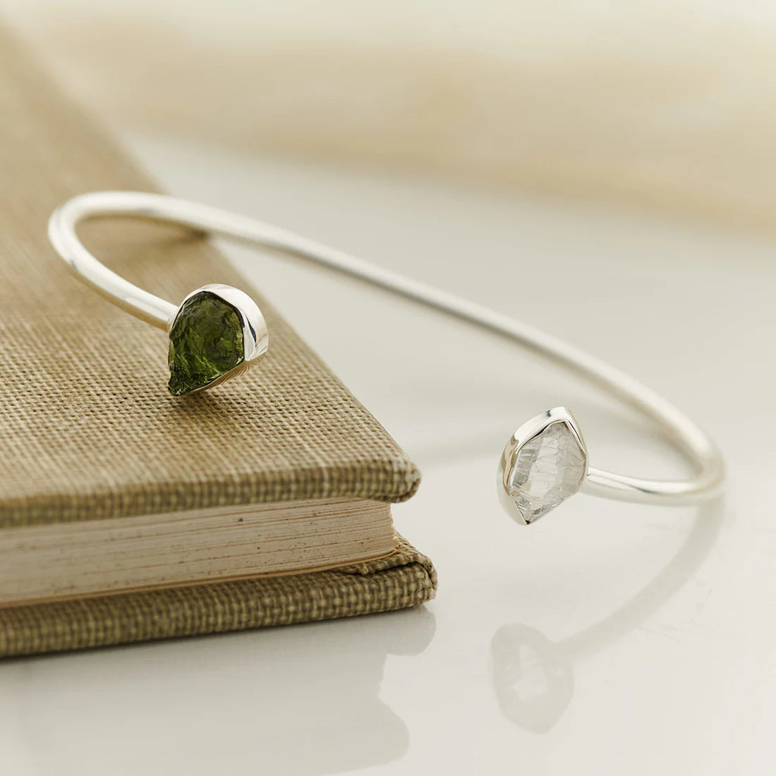 Moldavite With Herkimer Diamond Sterling Silver Two Stone Bracelet