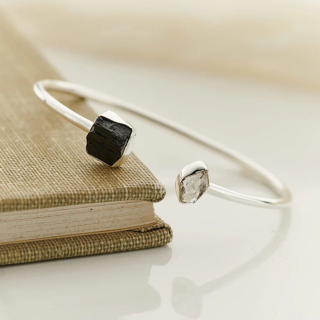 Black Tourmaline With Herkimer Diamond Sterling Silver Two Stone Bracelet