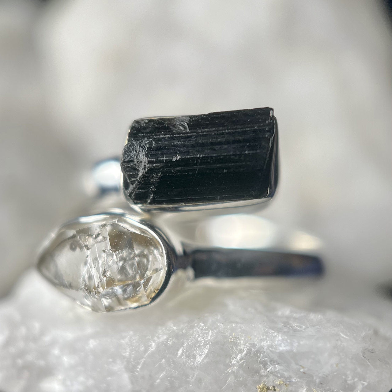 Black tourmaline, Herkimer diamond and onyx 2024 925 solid sterling silver ring