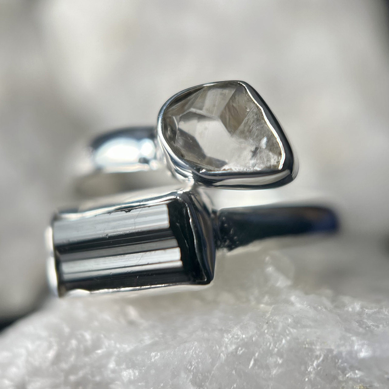 Black tourmaline, Herkimer diamond and onyx 2024 925 solid sterling silver ring