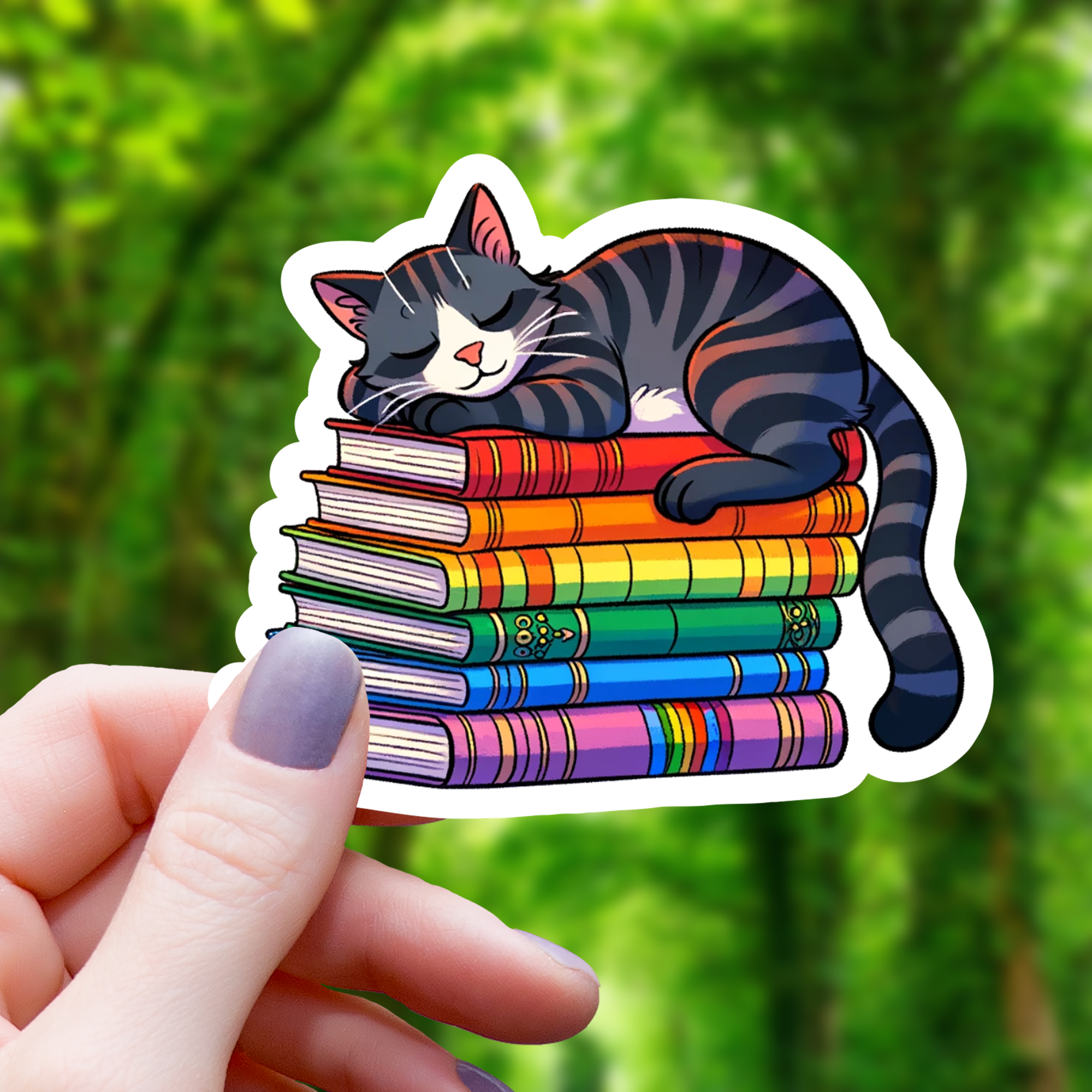 Striped Cat on Books Sticker - 3"