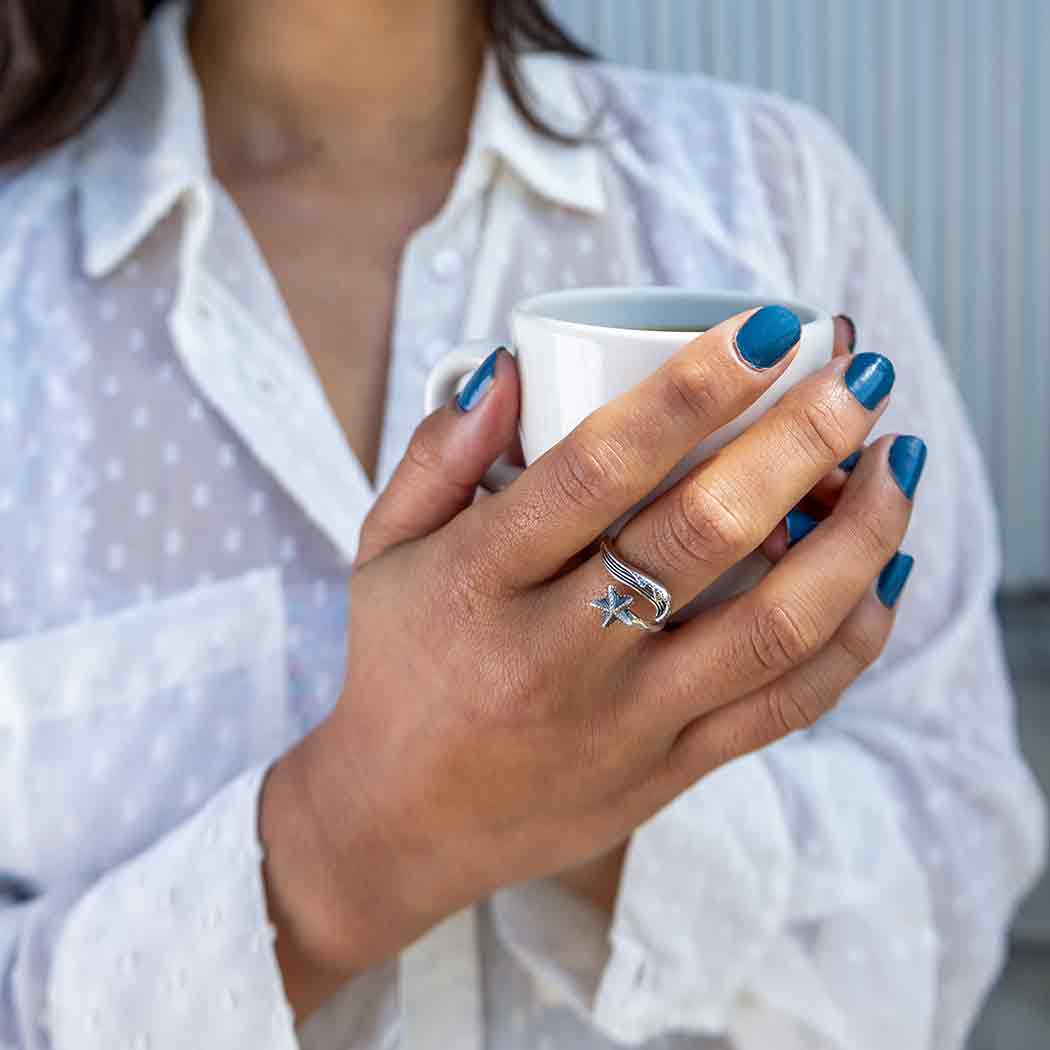 Sterling Silver Wave and Starfish Adjustable Ring