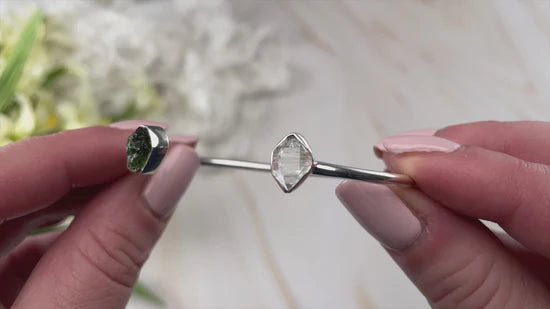 Moldavite With Herkimer Diamond Sterling Silver Two Stone Bracelet