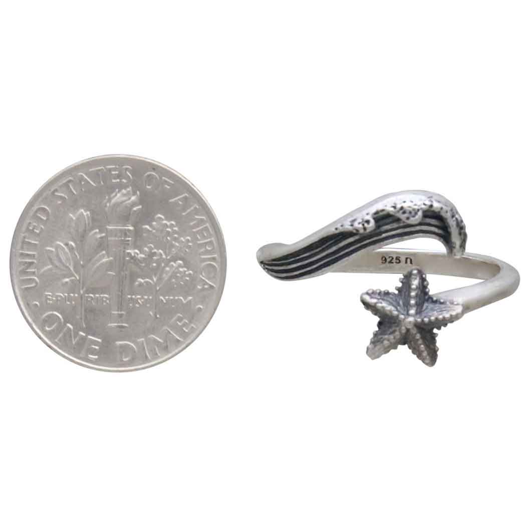 Sterling Silver Wave and Starfish Adjustable Ring