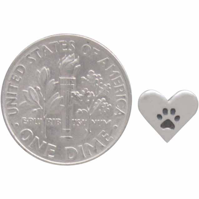 Sterling Silver Heart Post Earrings with Paw Print 7x8mm