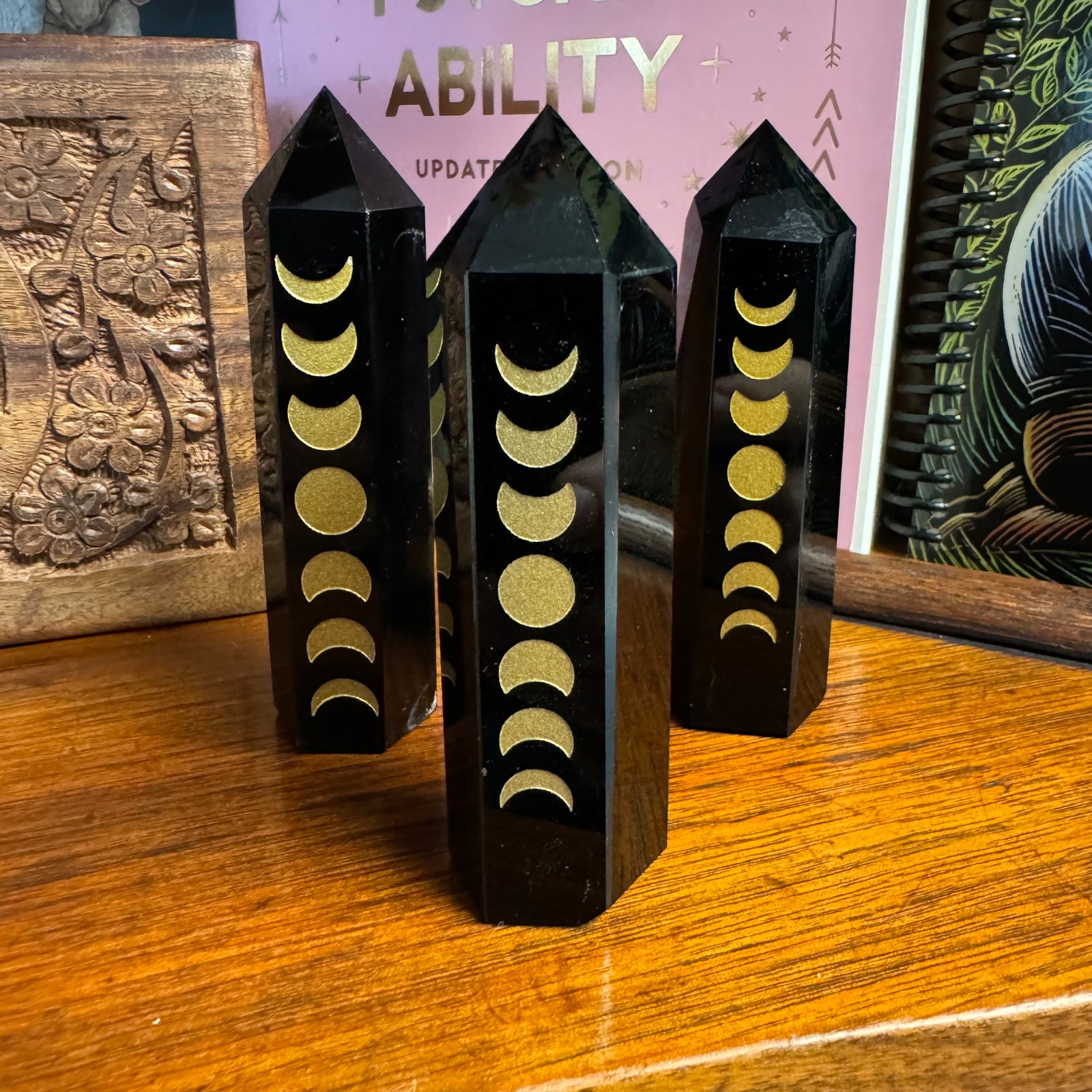 Black Obsidian Gemstone Point with Engraved Moon Phases