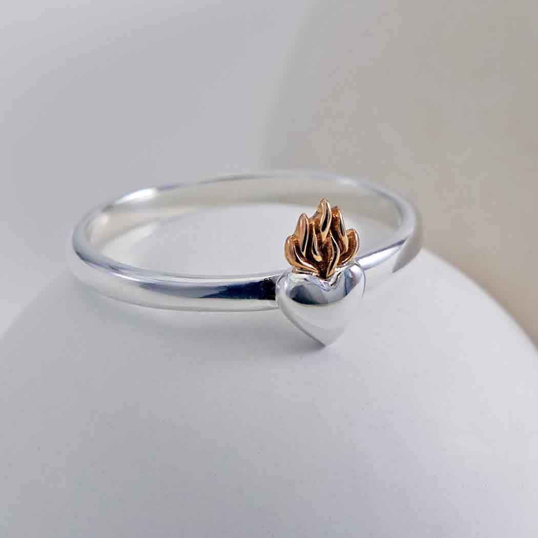 Silver and Bronze Flaming Heart Ring