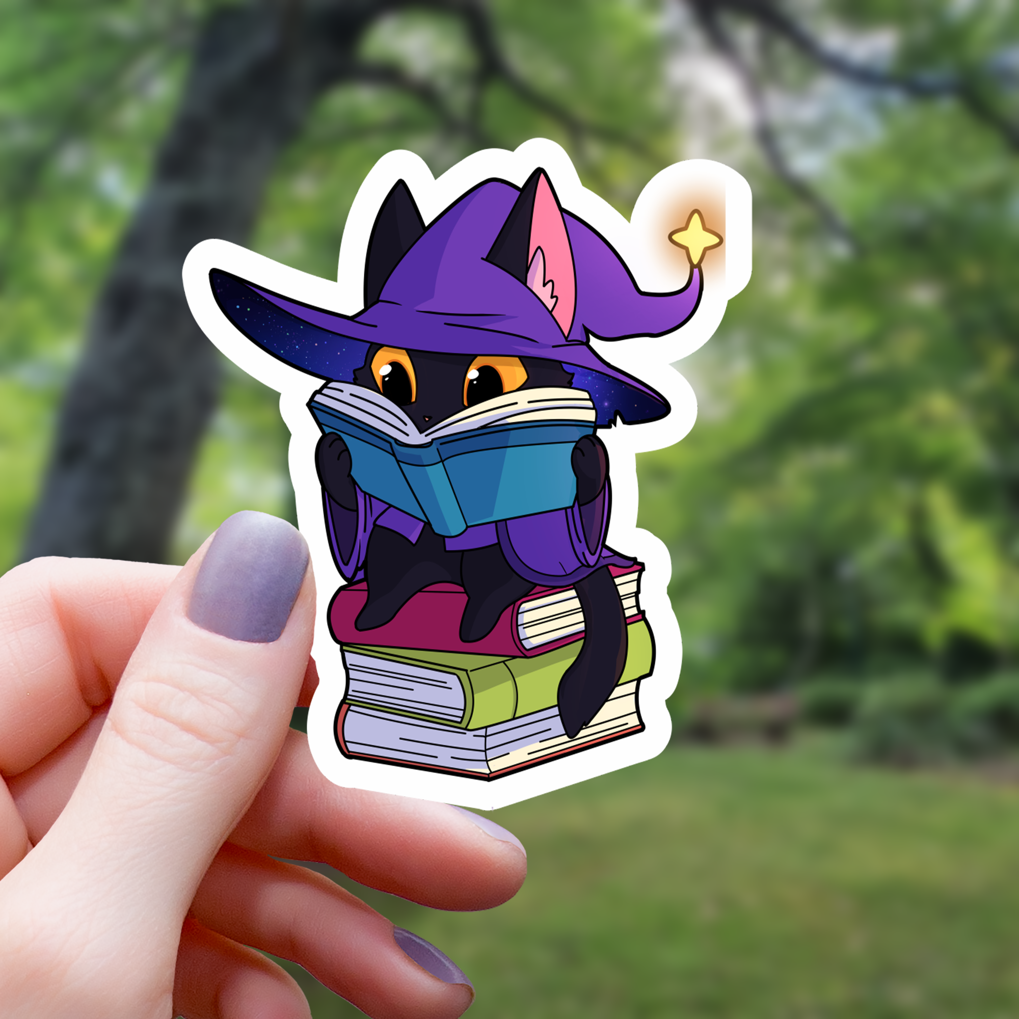 Wizard Cat Reading Books Sticker - 3"