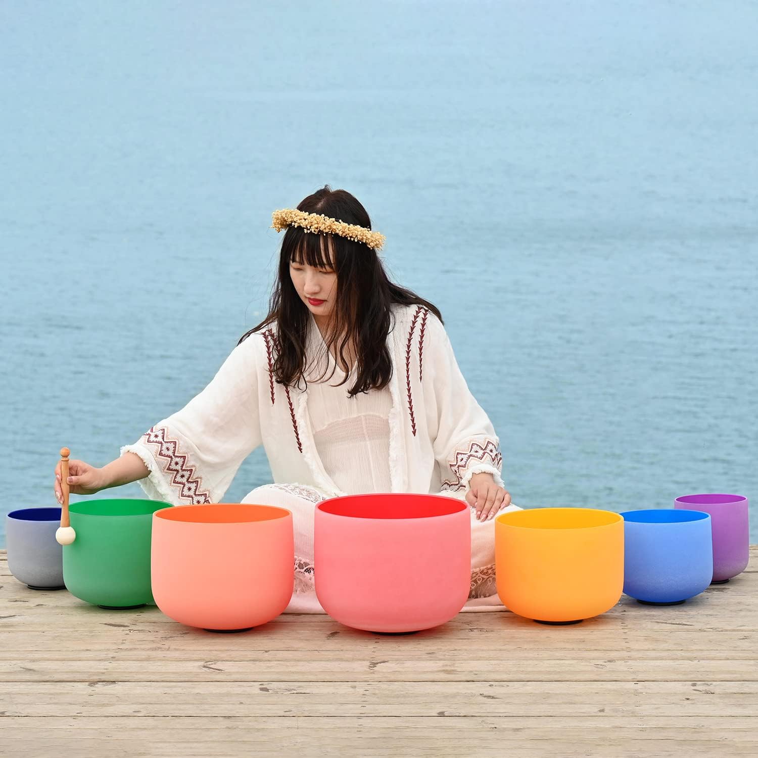 Frosted Pure Quartz Singing Bowls - Chakra Colored and Tuned