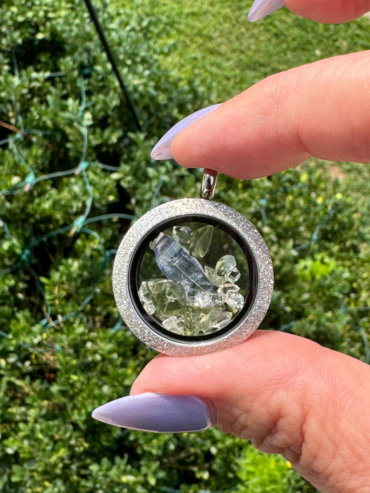 Moldavite, Tanzanite and Herkimer Diamond Floating Locket Pendant