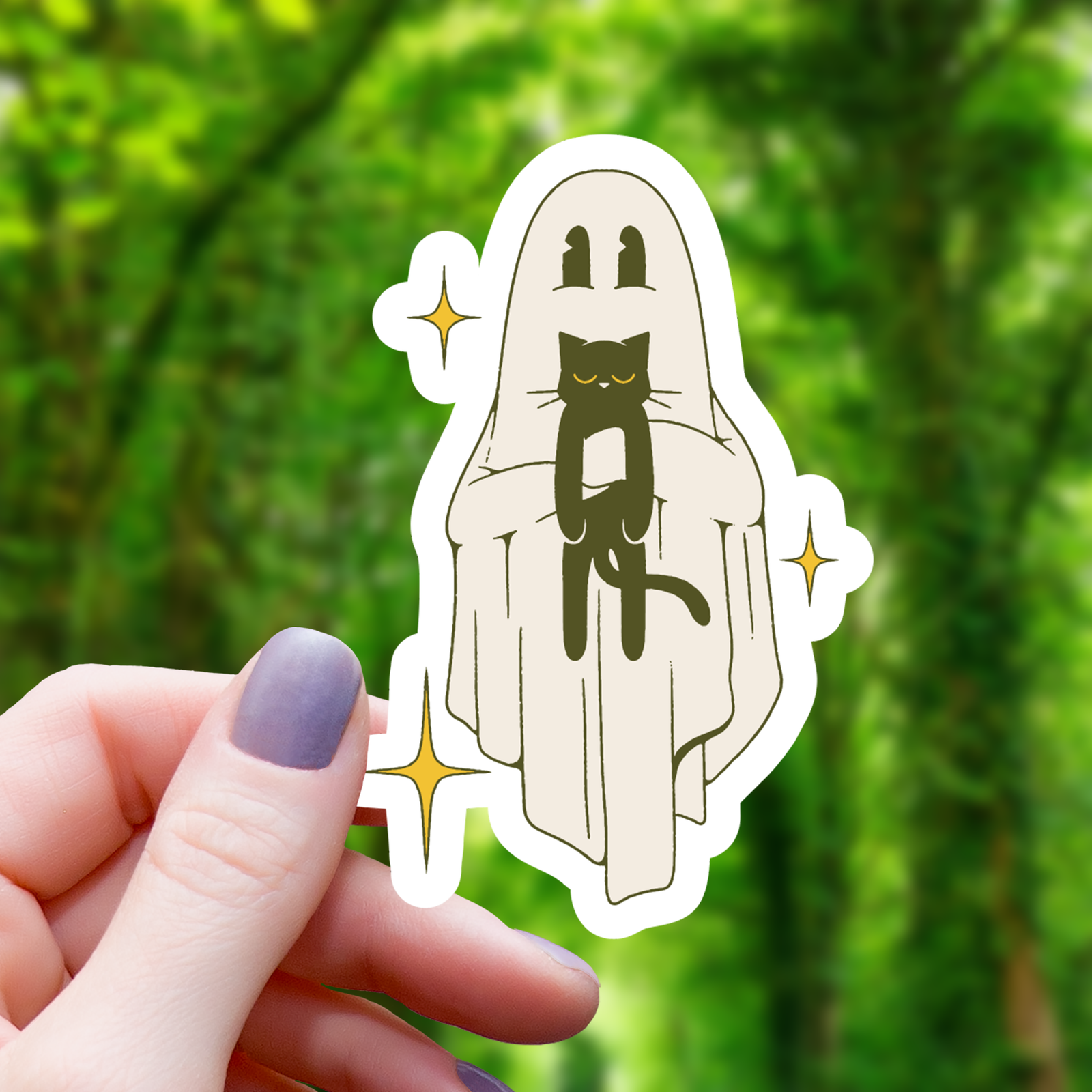 Ghost Holding Black Cat Sticker - 3"