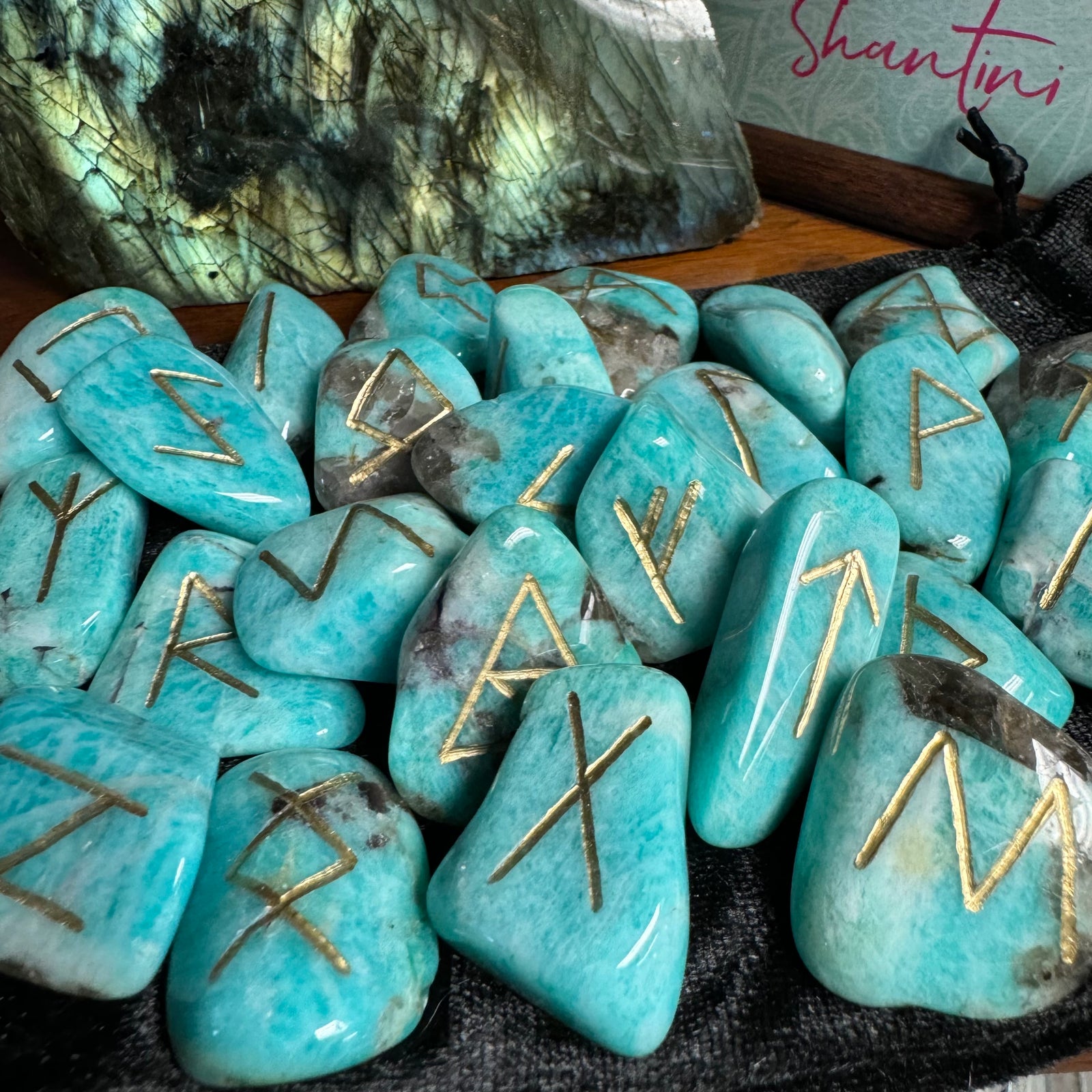 Amazonite and Smoky Quartz Artisan Runes Set