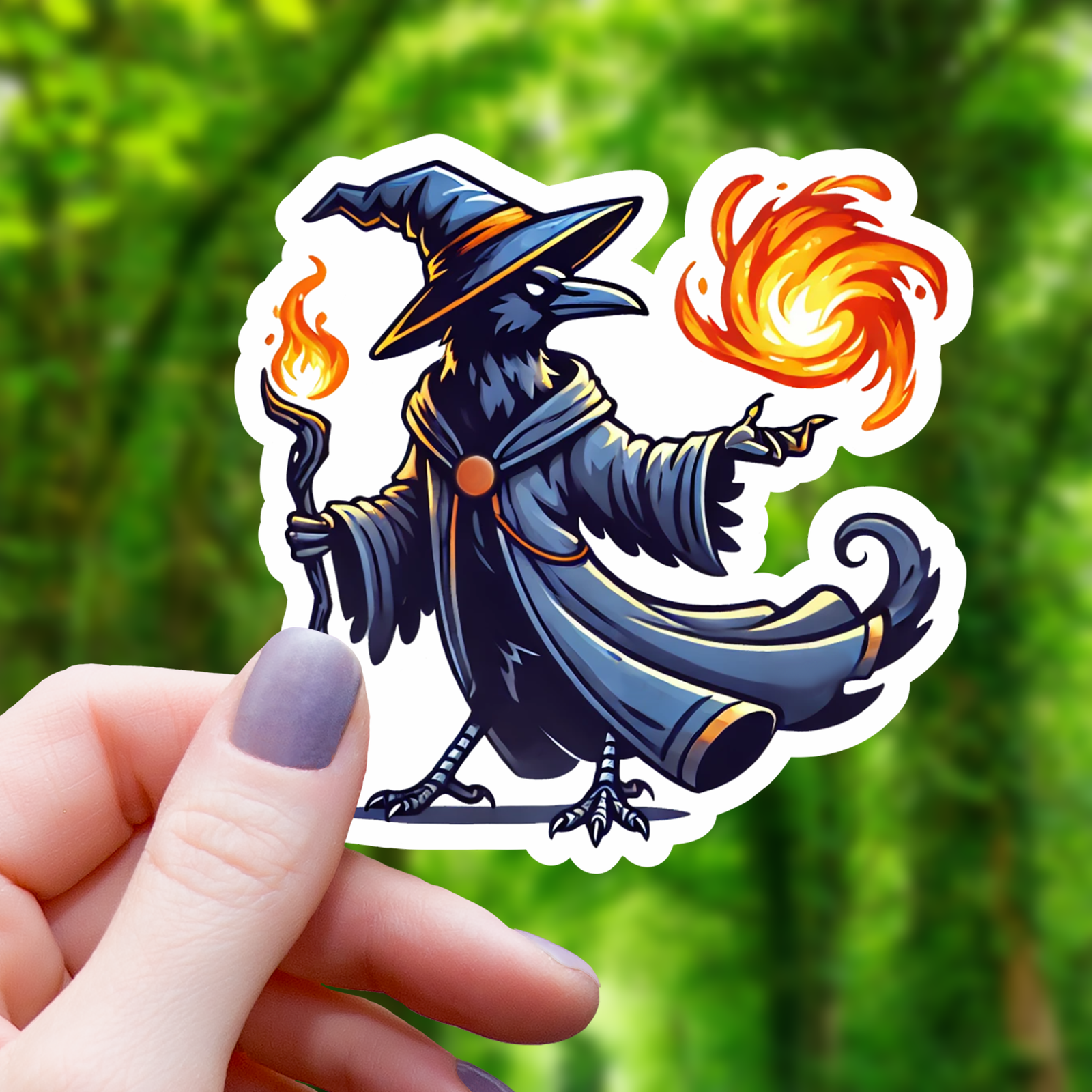 Crow Wizard Casting Fireball Sticker - 3"