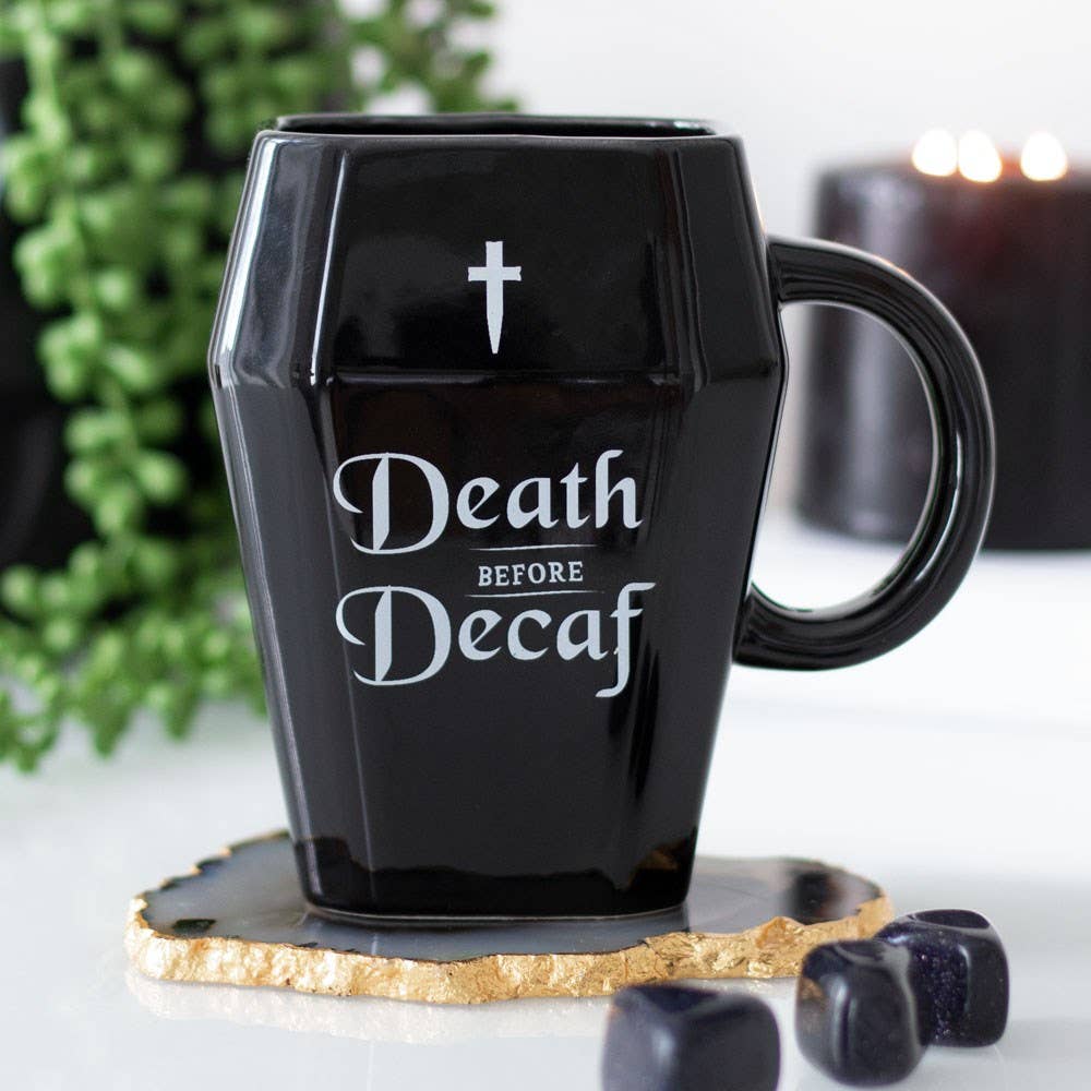 Gothic Halloween Death Before Decaf Coffin Mug