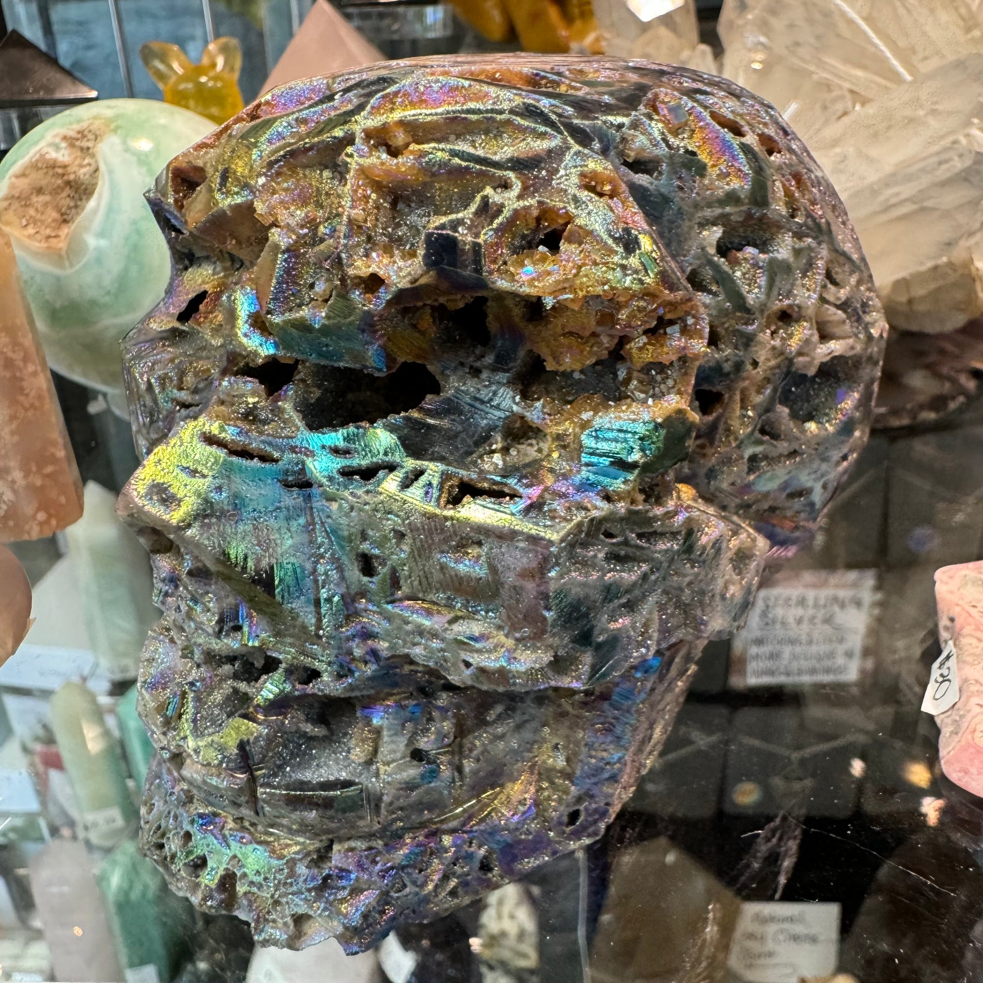 Angel Aura Sphalerite Skull on a shelf