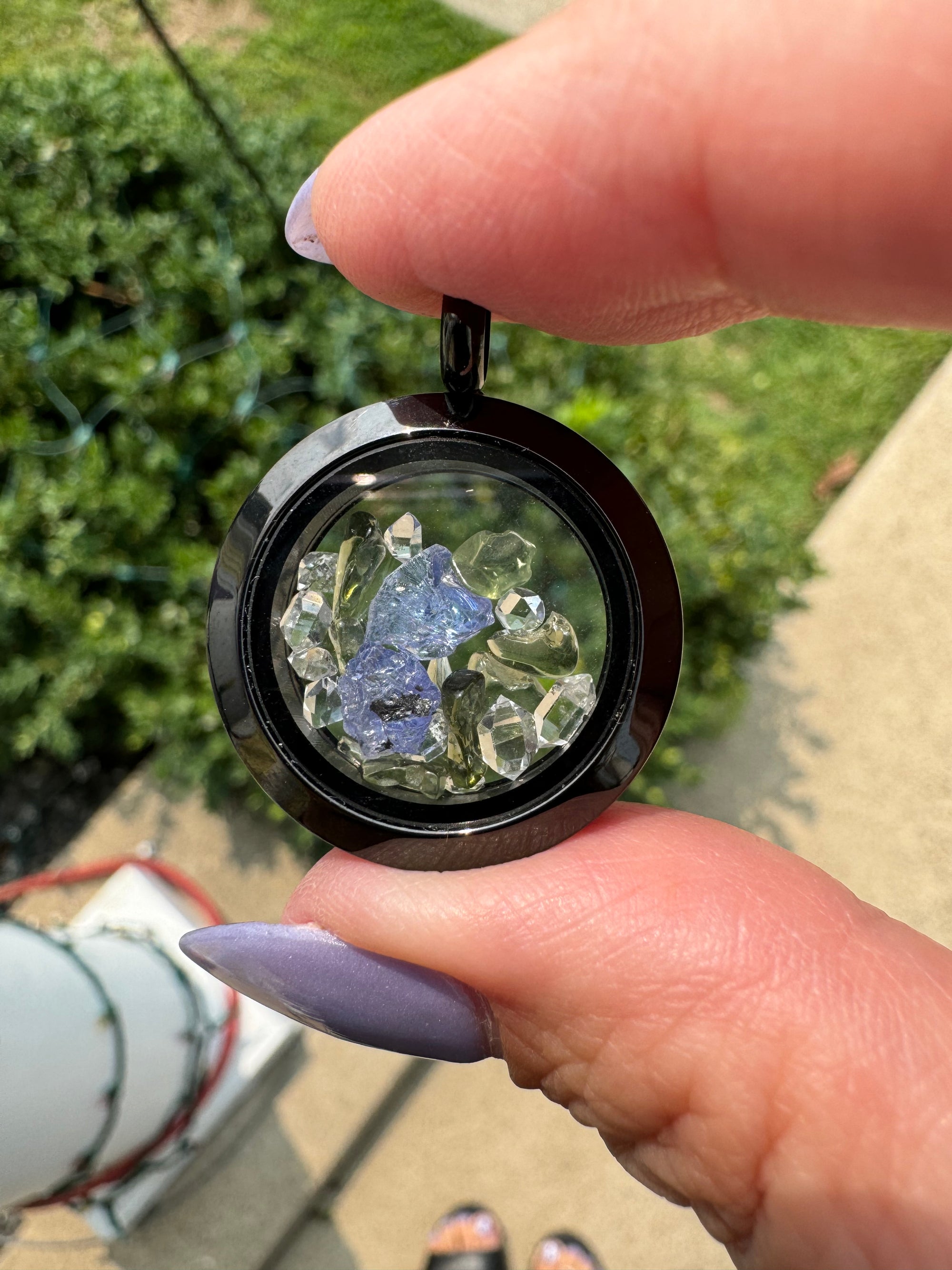 Moldavite, Tanzanite and Herkimer Diamond Floating Locket Pendant