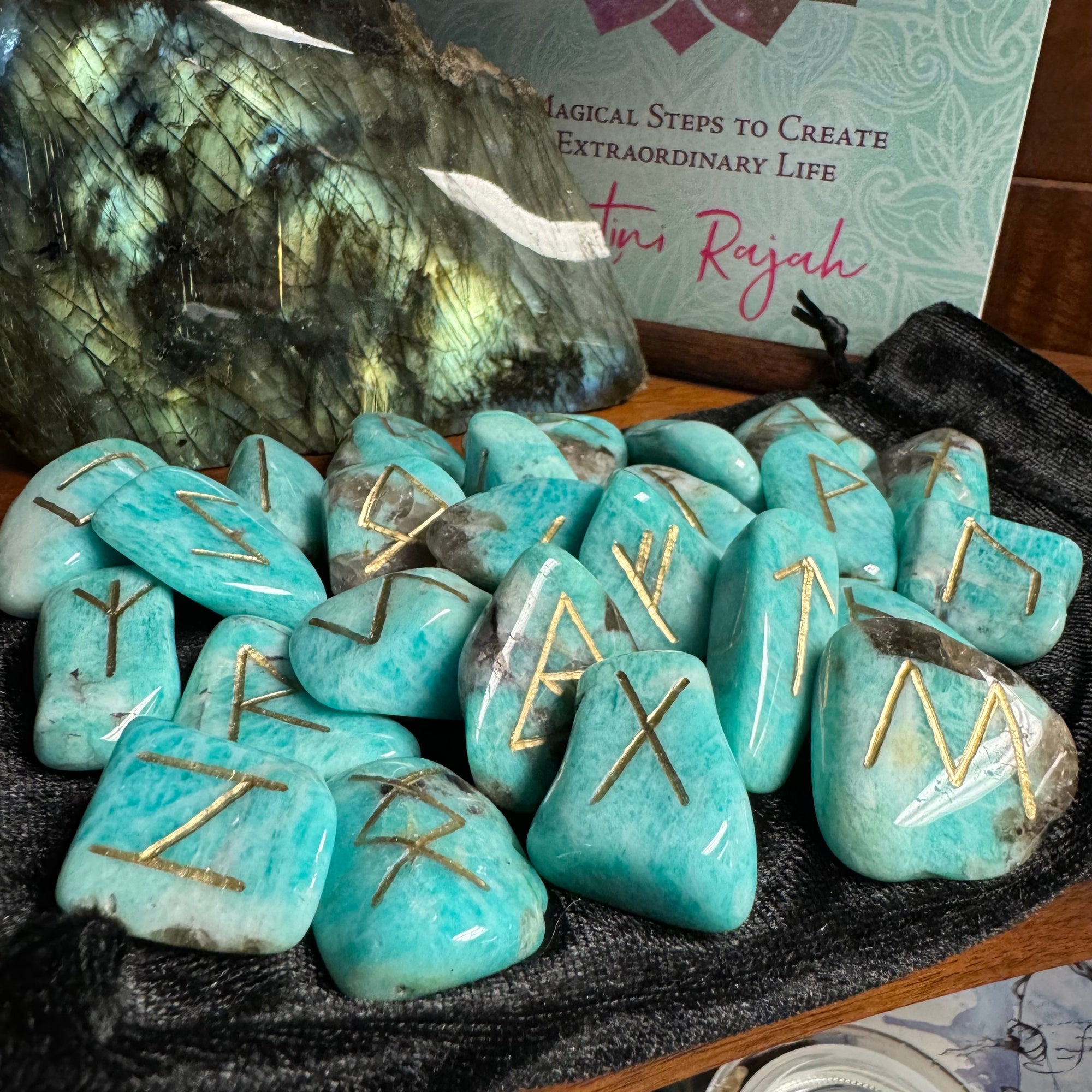 Amazonite and Smoky Quartz Artisan Runes Set