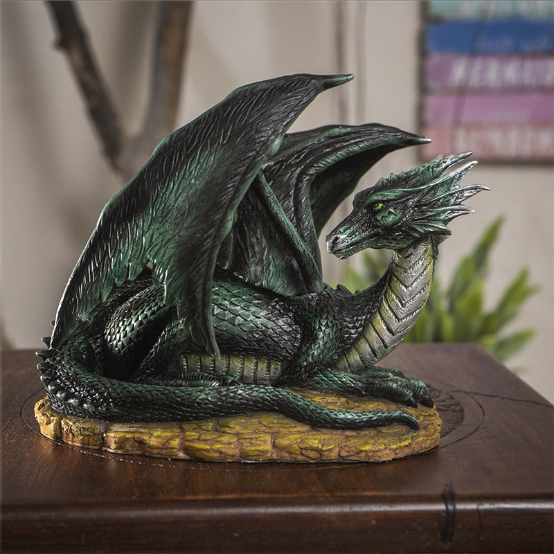 Legendary Horned Dark Green Dragon Statue