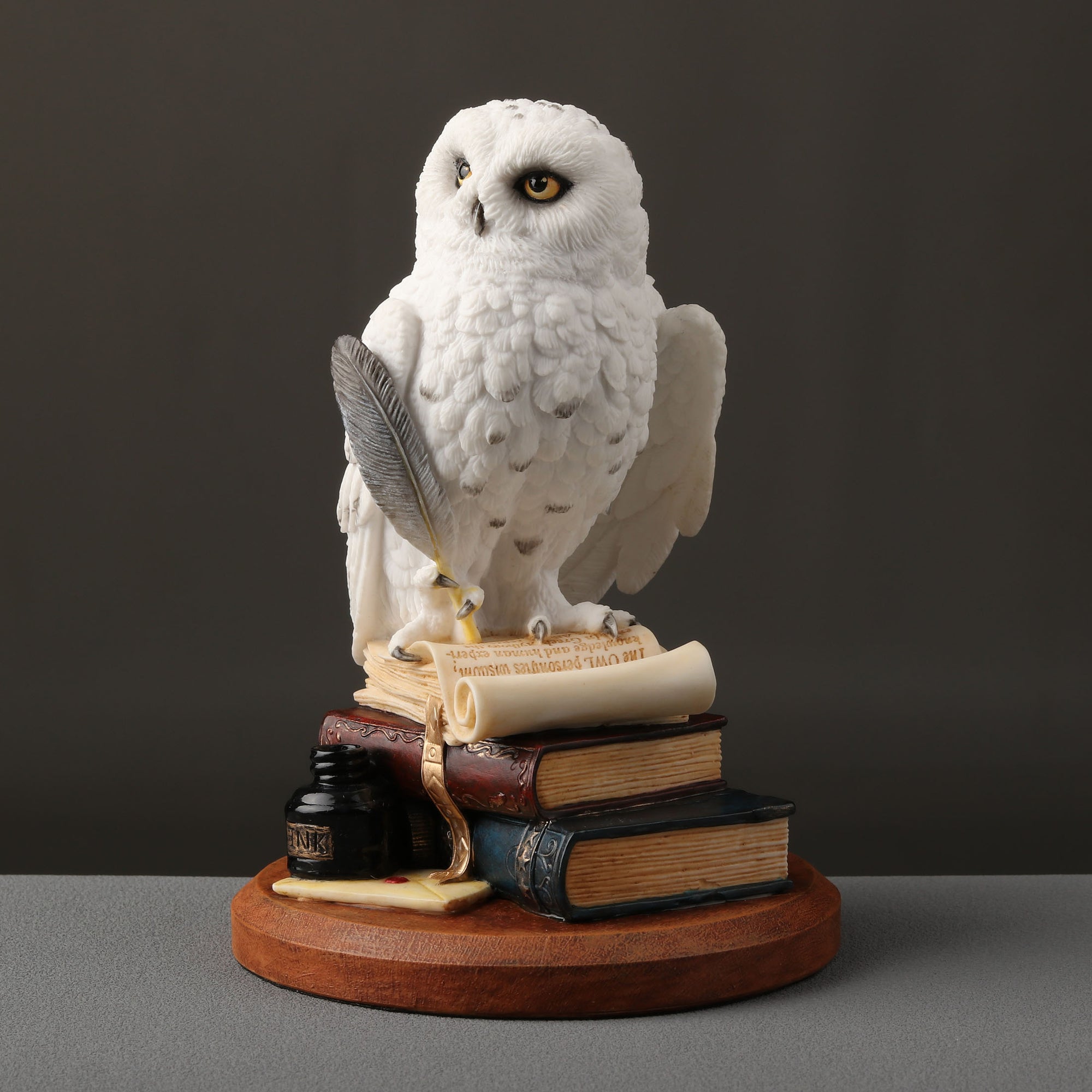 Snowy Owl Scripting On Top Of
Stack Of Books Statue