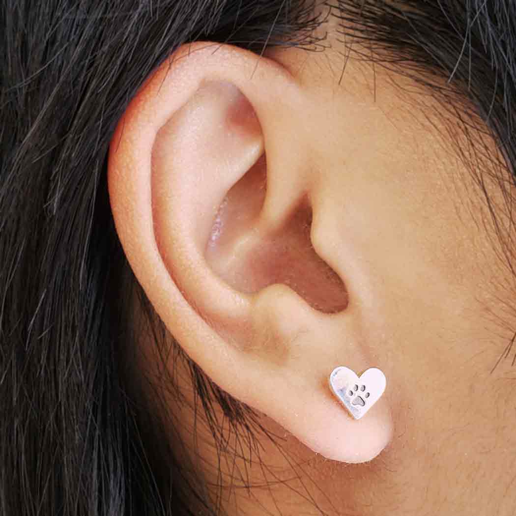 Sterling Silver Heart Post Earrings with Paw Print 7x8mm