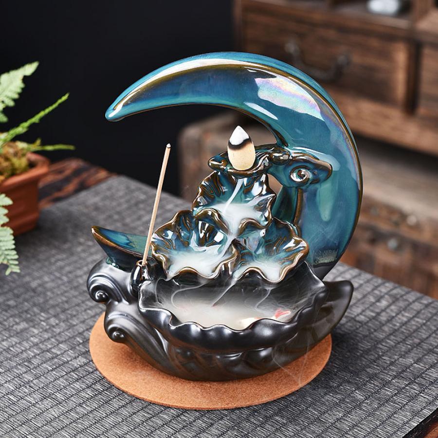 Ceramic Moon Backflow Cone Incense Burner - 7"