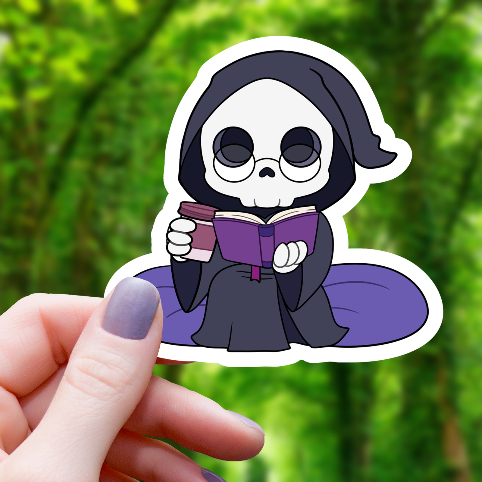 Purple Grim Reaper Reading a Book Sticker - 3"