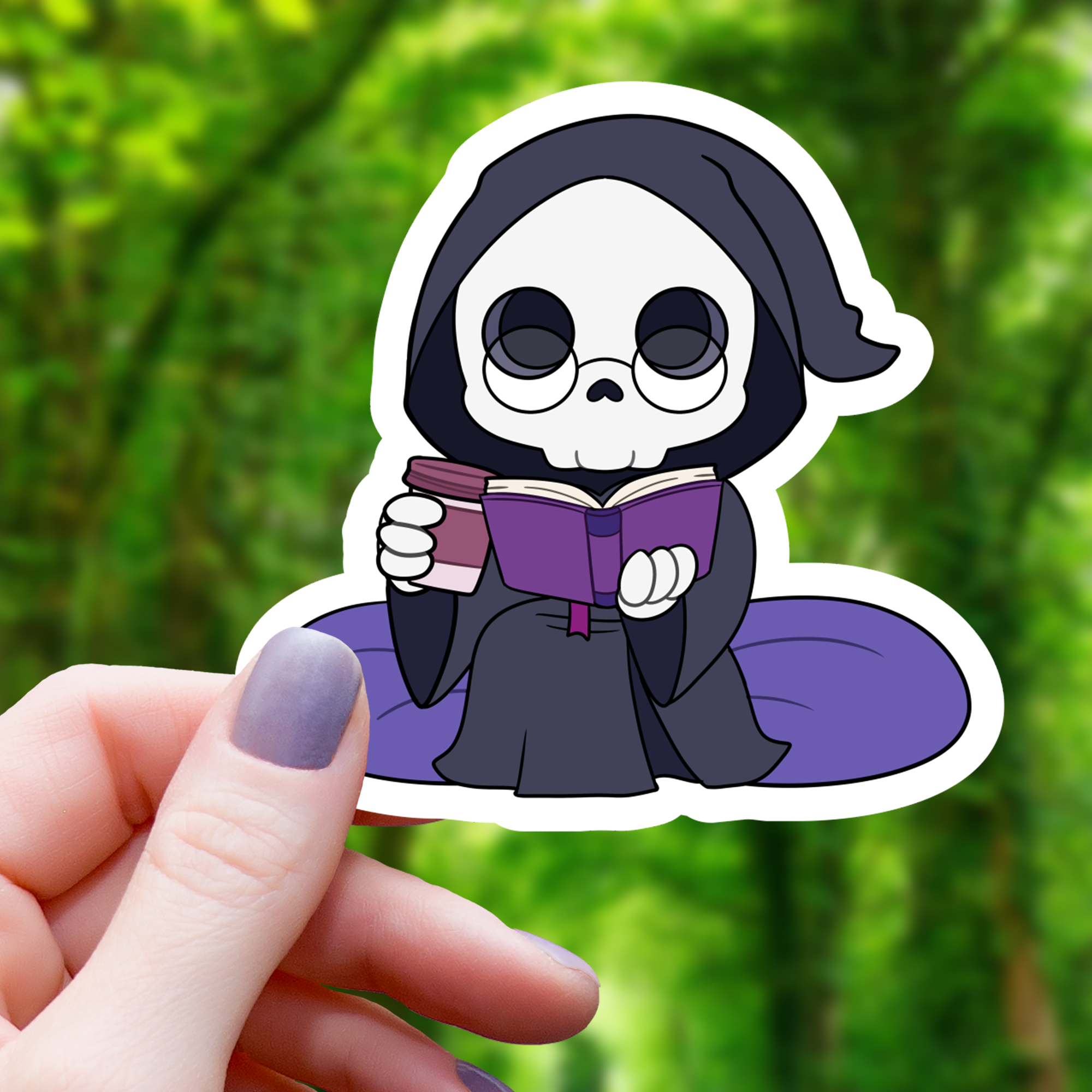 Purple Grim Reaper Reading a Book Sticker - 3"