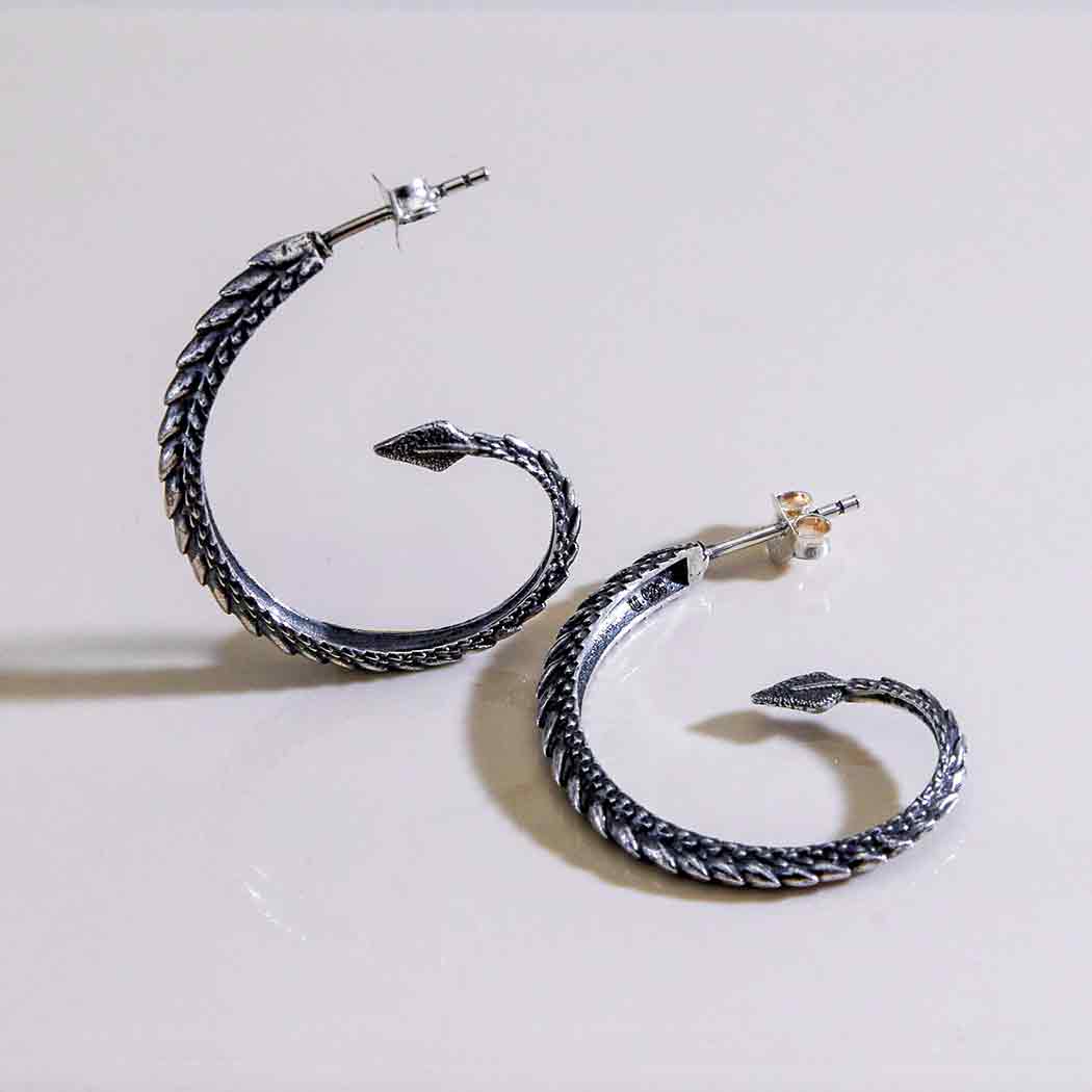 Sterling Silver Dragon Tail Hoop Post Earrings 30mm