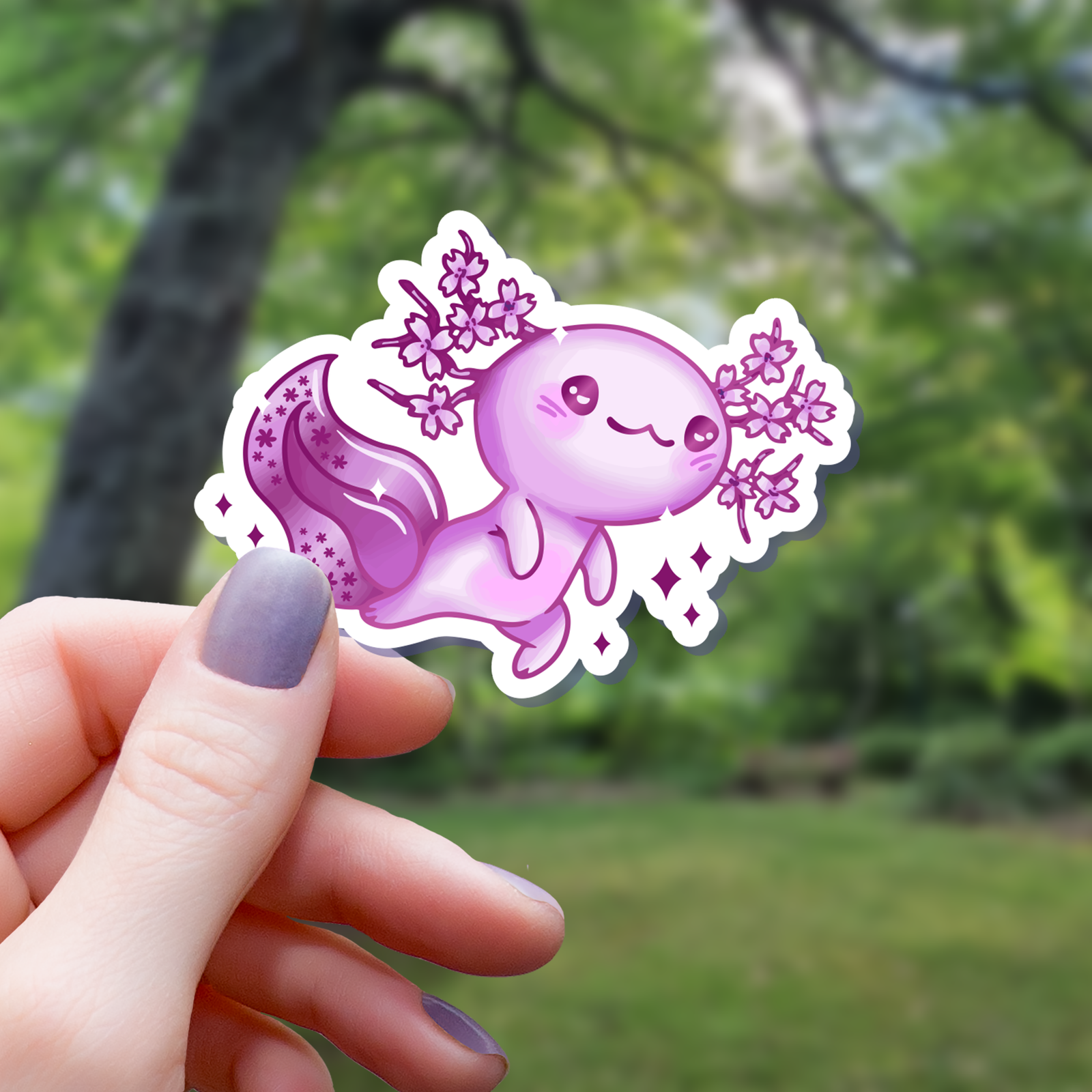 Cherry Blossom Axolotl Animal Sticker - 3"