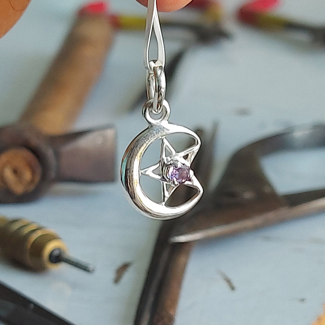 Sterling Pentacle Moon Pendant with Amethyst