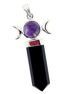 Amethyst &amp; Black Tourmaline Triple Moon Pendant