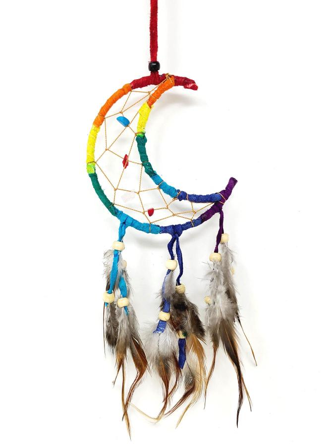 Crescent Moon Multi-Colored Dreamcatcher With Feathers &amp; Beads 3&quot;+