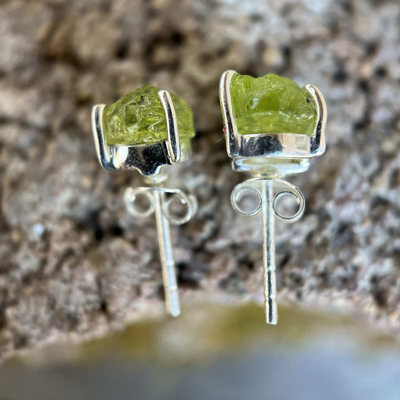 Healing stone Earrings handcrafted with brushed sterling silver, raw Aquamarine, Apatite, Peridot gemstone, butterfly back 2024 .