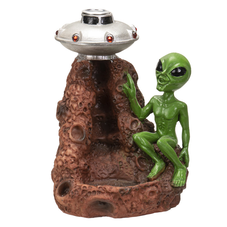 UFO Green Roswell Alien With Flying Saucer Backflow Incense Burner