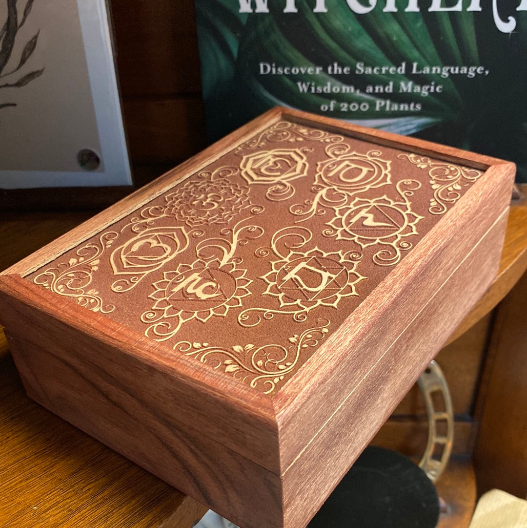 Acacia Wood Chakra Box With Velvet Lining - 7&quot;X5&quot;