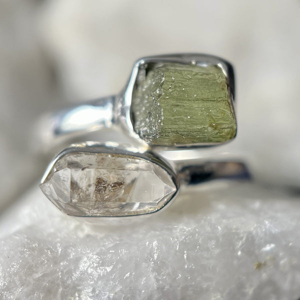 Czech Moldavite and Herkimer Diamond on Flexible hotsell Band Ring