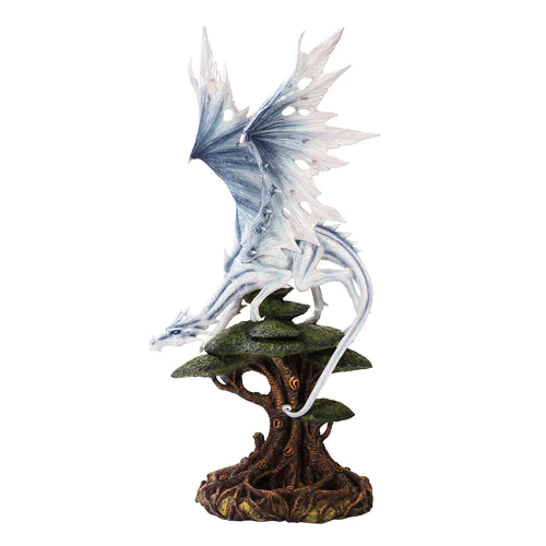 Cast a Stone: Treetop White Dragon - Crafted from cold cast resin and hand-painted. Depicts an ancient white dragon with blue hues perched on an ornate tree Striking colors and details create a wonderful display Approximate Measurements: 22" H 8.75" W 7.75" D